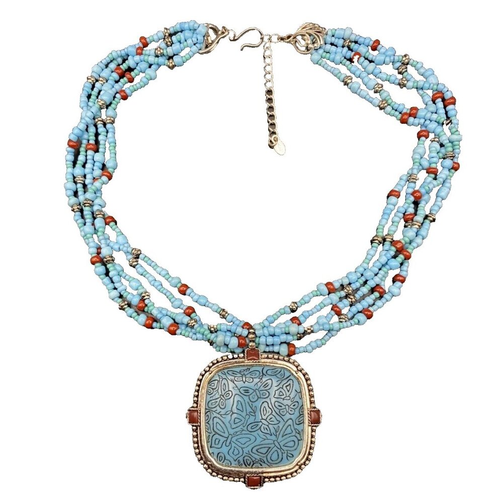 Monet Necklace Turquoise Color Multi Strand Butterfly Silver Tone Pendant 16+2"